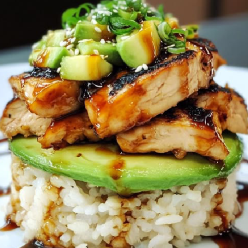 Teriyaki Chicken Avocado Rice Stack