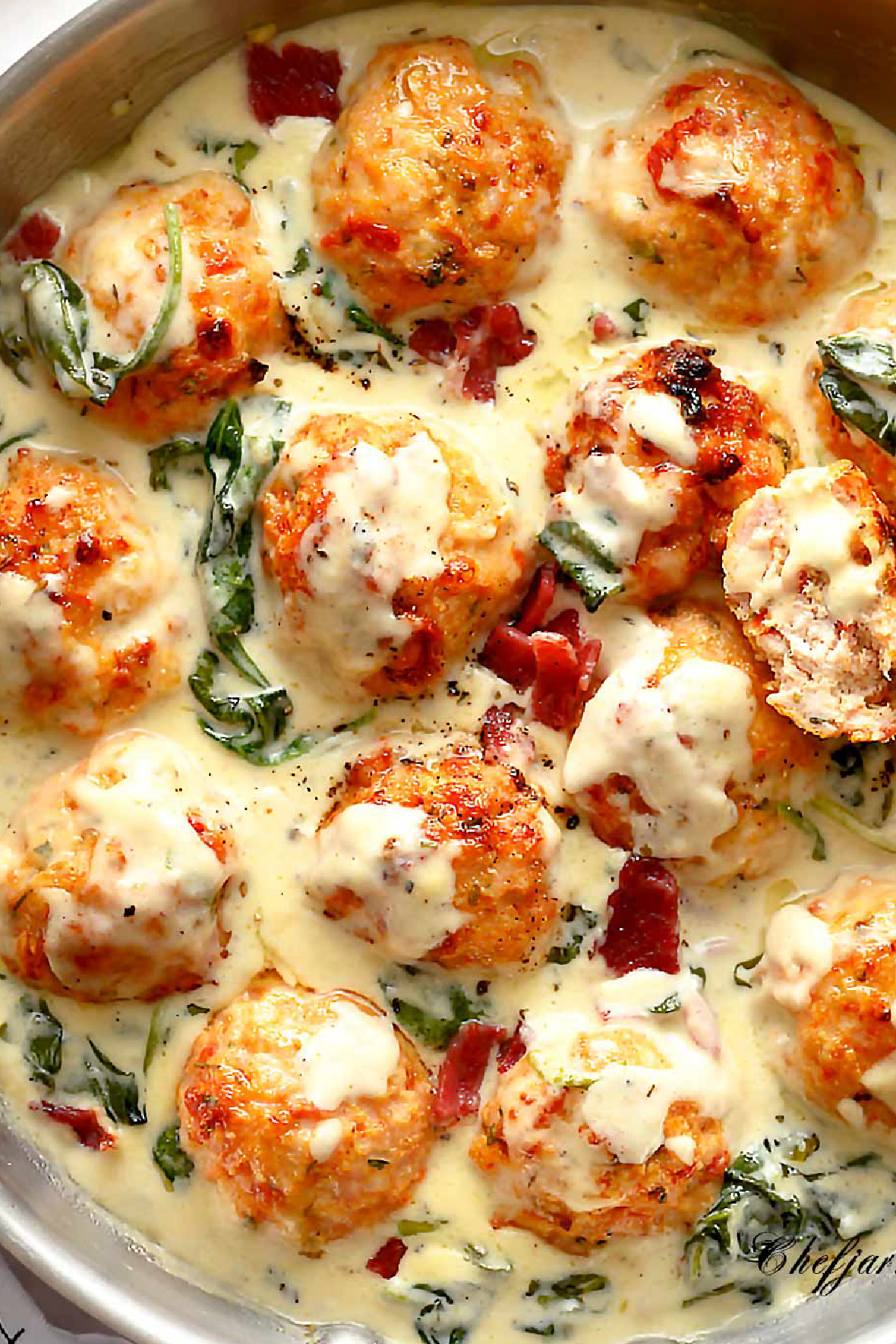 Baked Chicken Ricotta Meatballs with Spinach Alfredo Sauce